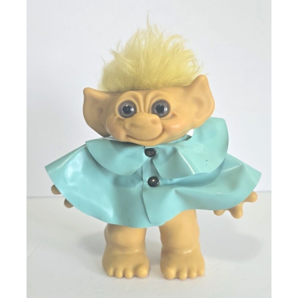 Vintage 1960s 7" Thomas Dam Troll Doll Coin Bank With Blue Raincoat